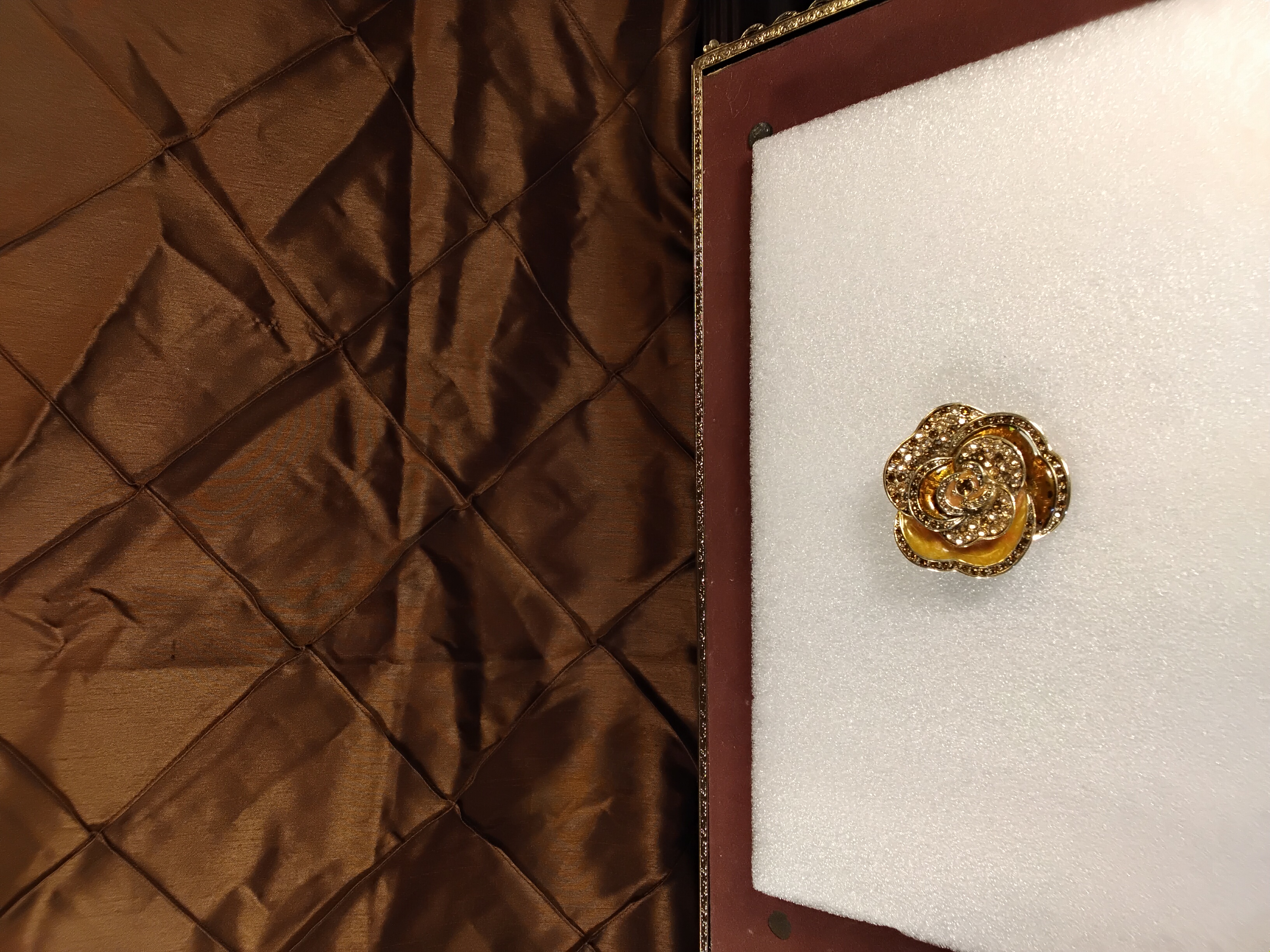Elegant Liz Claiborne Gold-Tone Enamel and Amber Rhinestone Rose Brooch