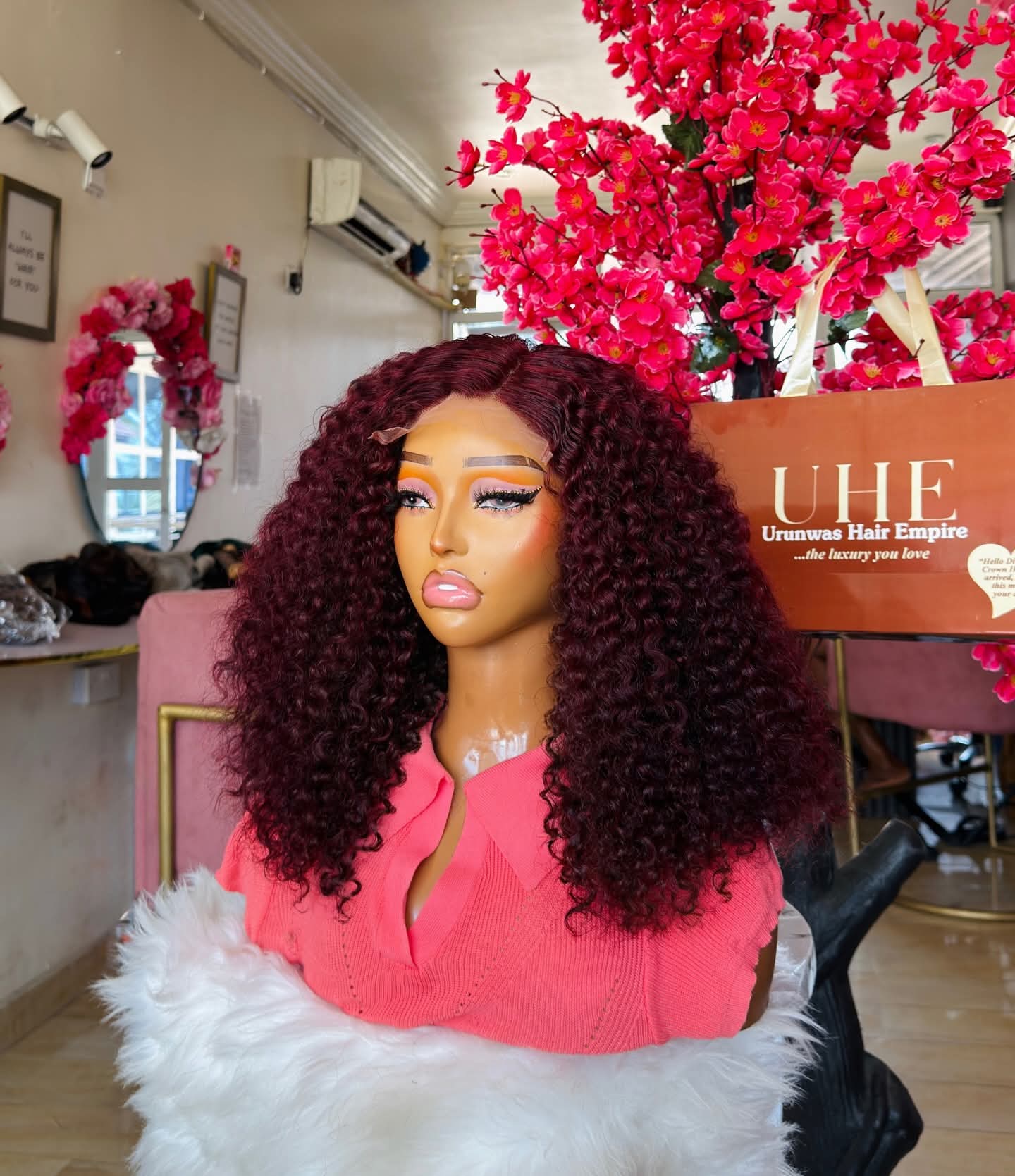 SDD Pissy in Burgundy Curly Wig. 14'' paired with a 5x5 closure