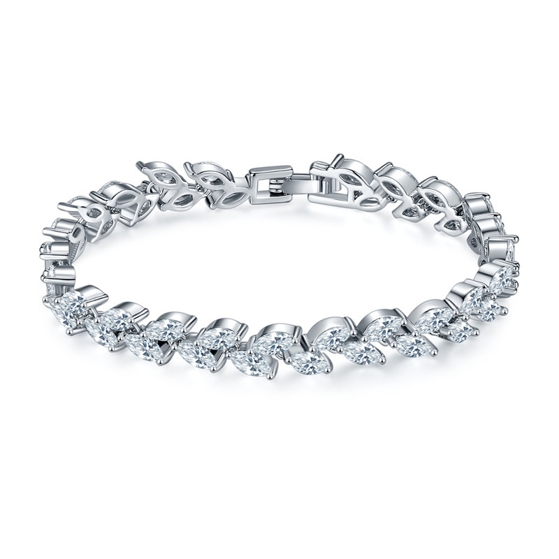 Zircon Rice Bracelet for Women, Silver, Wicker Leaf Design