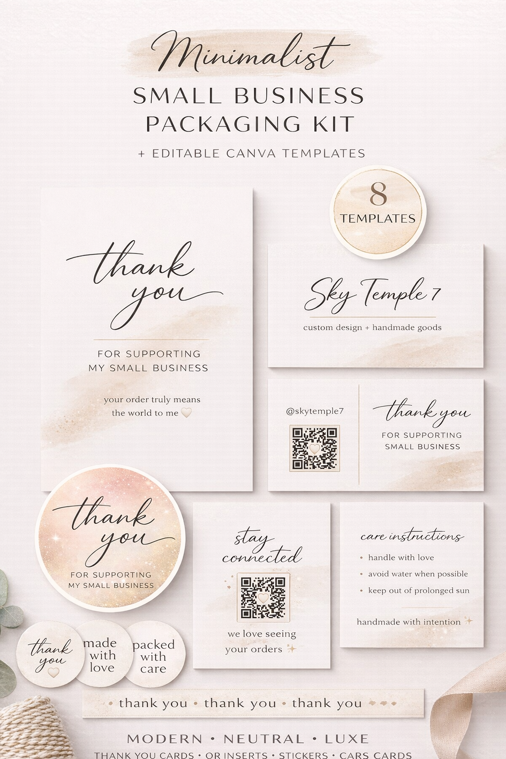 Minimalist Small Business Packaging Set | Thank You Cards, Stickers, Business Cards | Neutral Luxe Branding Kit