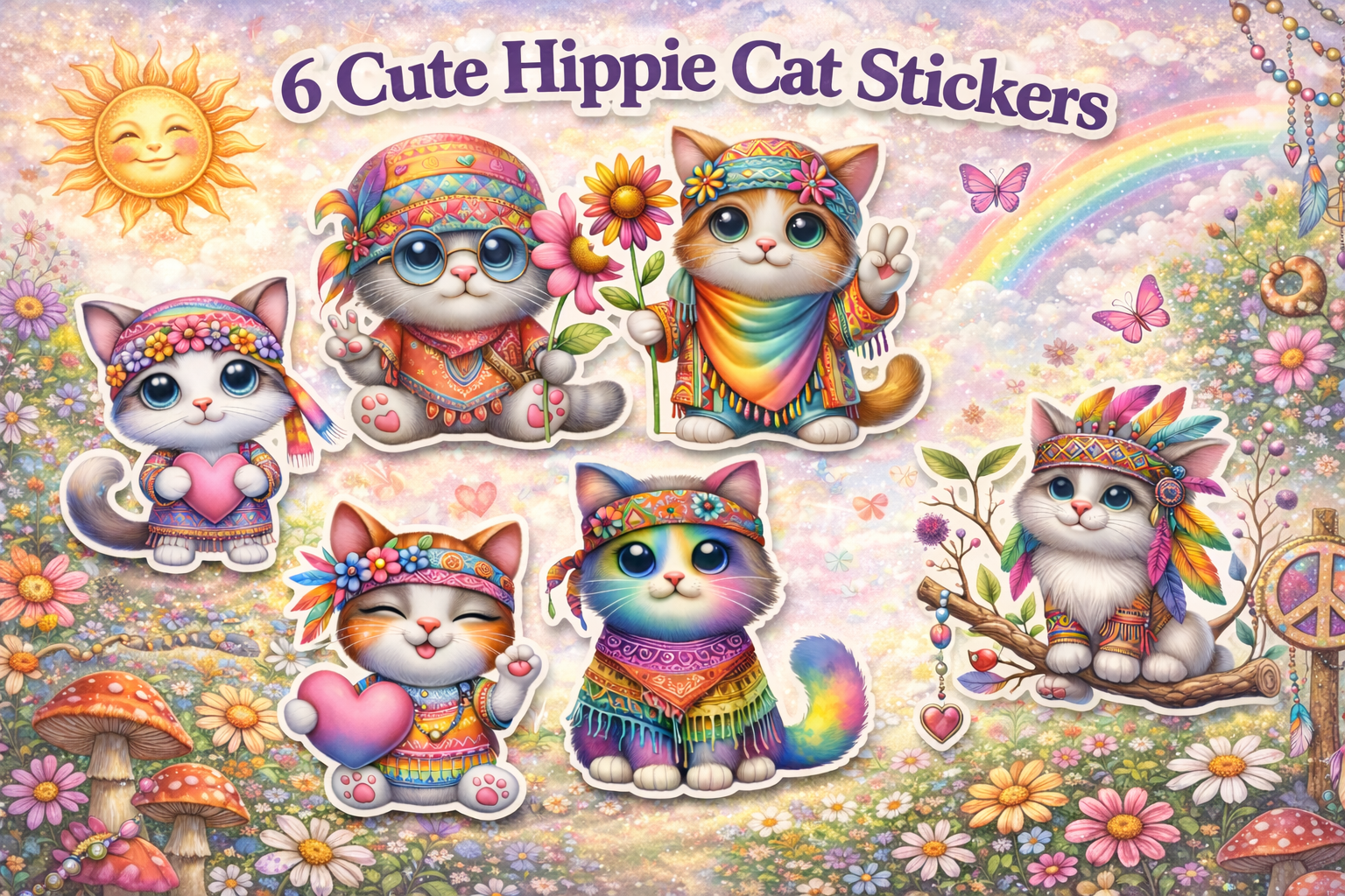 Hippie Cat Sticker Set