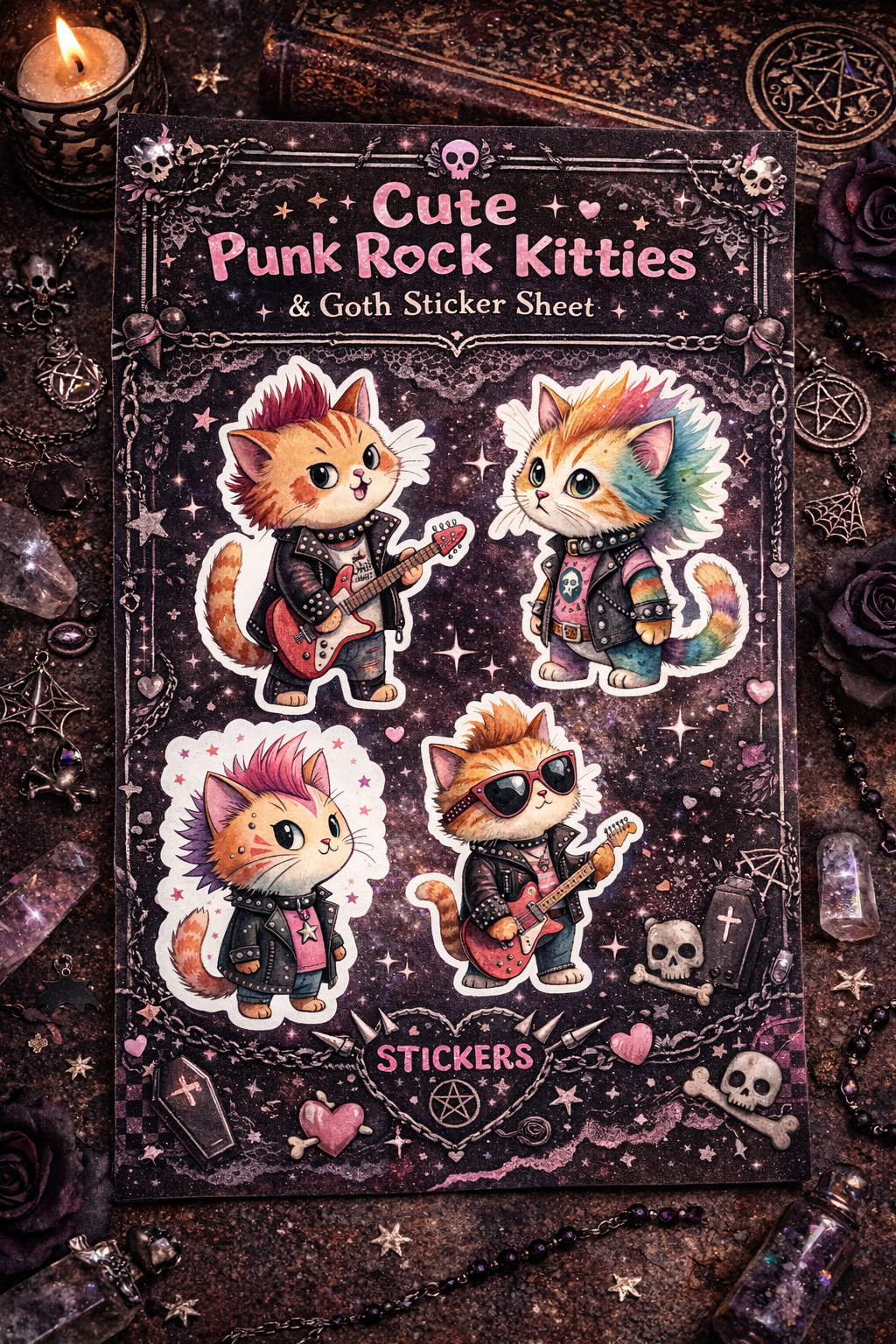 Cute Punk Rock Kitties Sticker Sheet