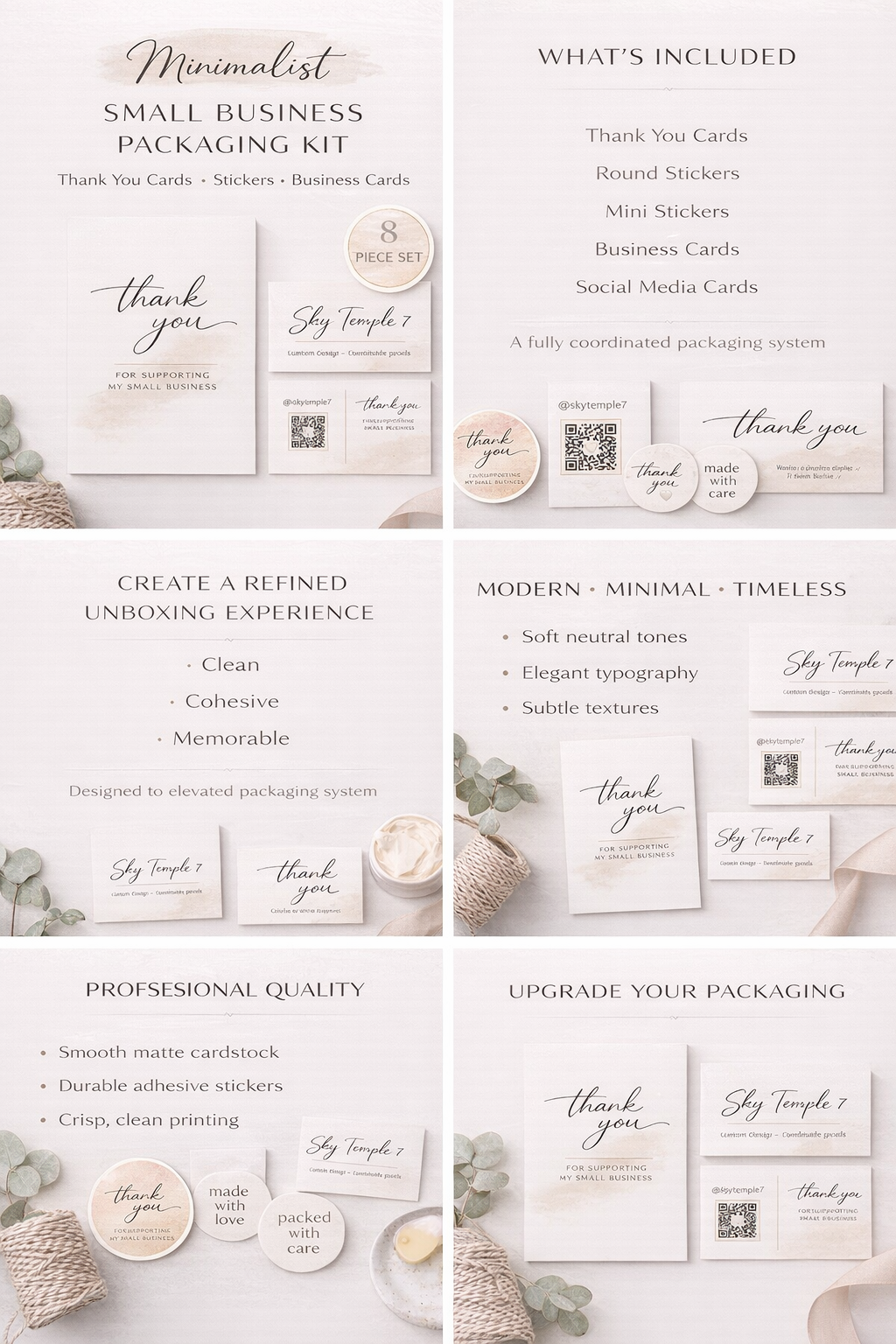Minimalist Small Business Packaging Set | Thank You Cards, Stickers, Business Cards | Neutral Luxe Branding Kit