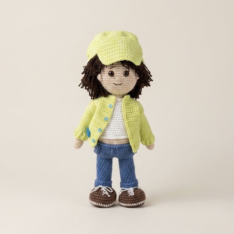 Muñeco de ganchillo con chaqueta y gorra 