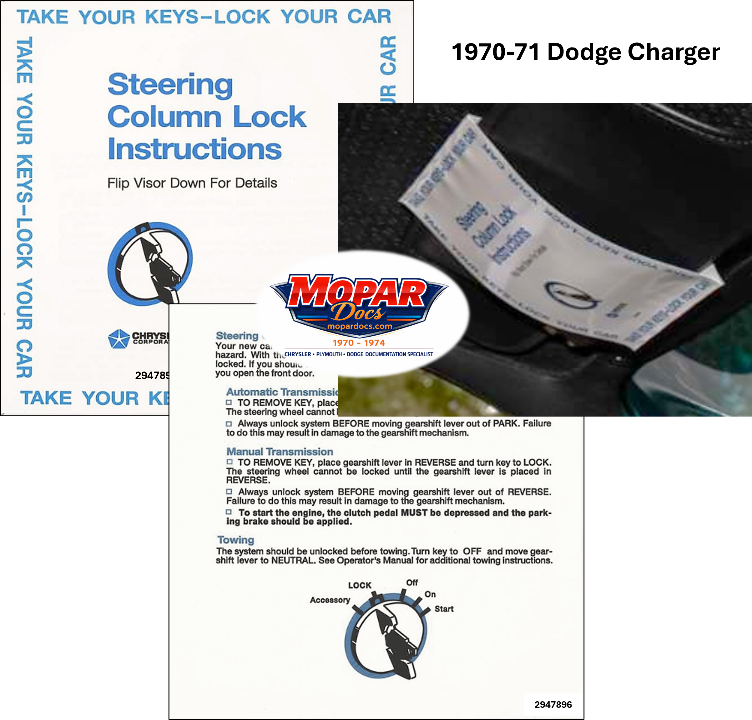 z -1970-1971 Dodge Charger Sun Visor Ignition Lock Notice on New Car