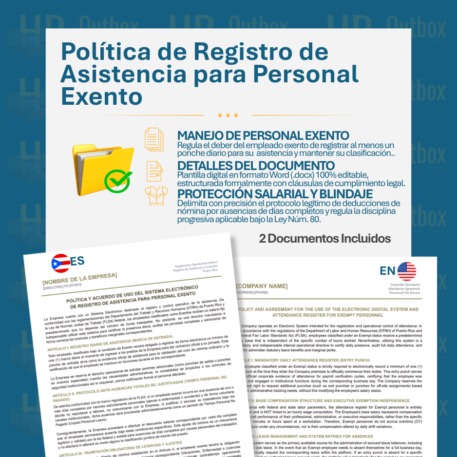 Plantilla: Política de Registro de Asistencia para Personal Exento - Editable en Word (Español/Inglés)