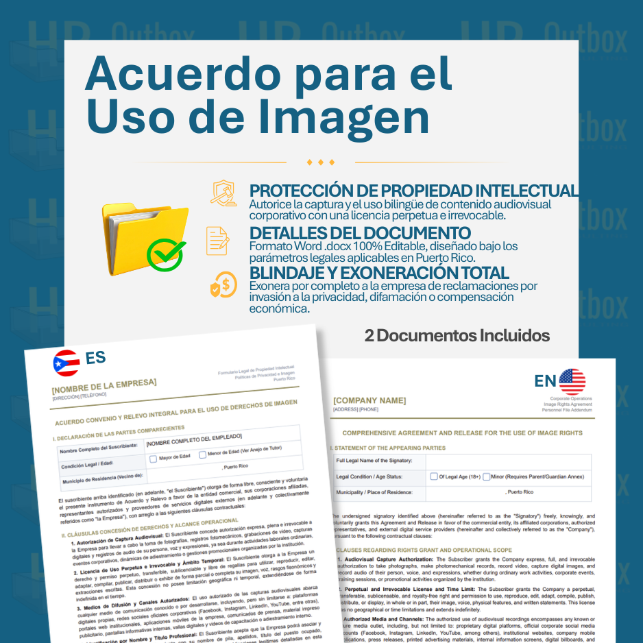 Plantilla: Acuerdo y Relevo Integral para el Uso de Derechos de Imagen - Editable en Word (Español/Inglés)