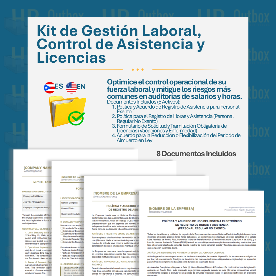 Plantilla: Kit de Gestión Laboral, Control de Asistencia y Licencias (Puerto Rico) - Editable en Word (Español/Inglés)