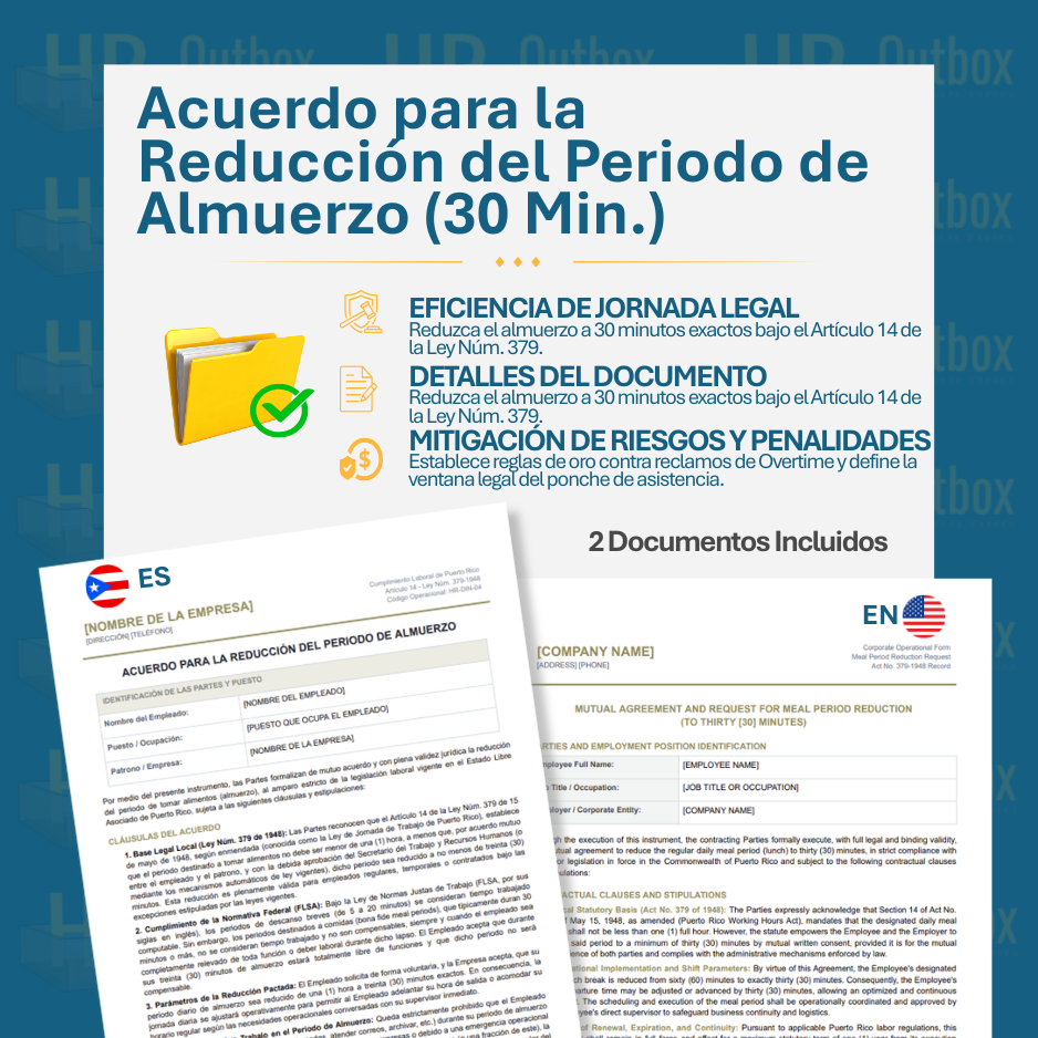 Plantilla: Acuerdo para la Reducción del Periodo de Almuerzo (30 min.) - Editable en Word (Español/Inglés)