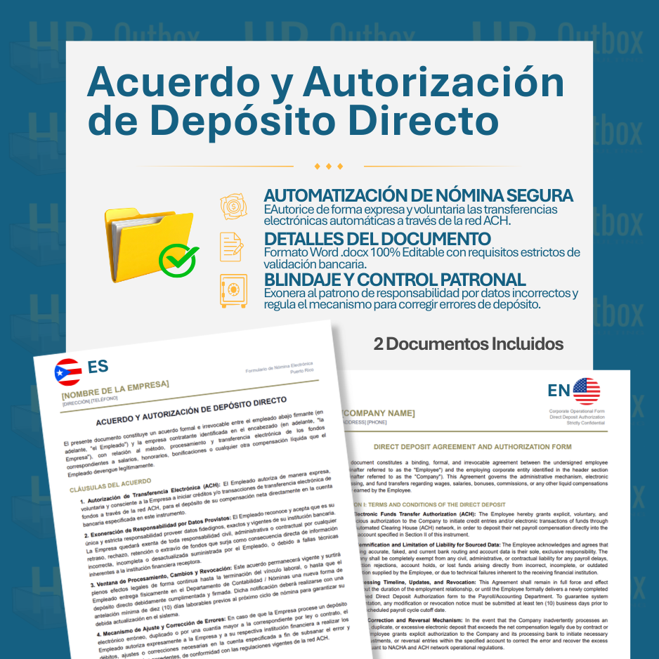 Plantilla: Acuerdo y Autorización de Depósito Directo - Editable en Word (Español/Inglés)