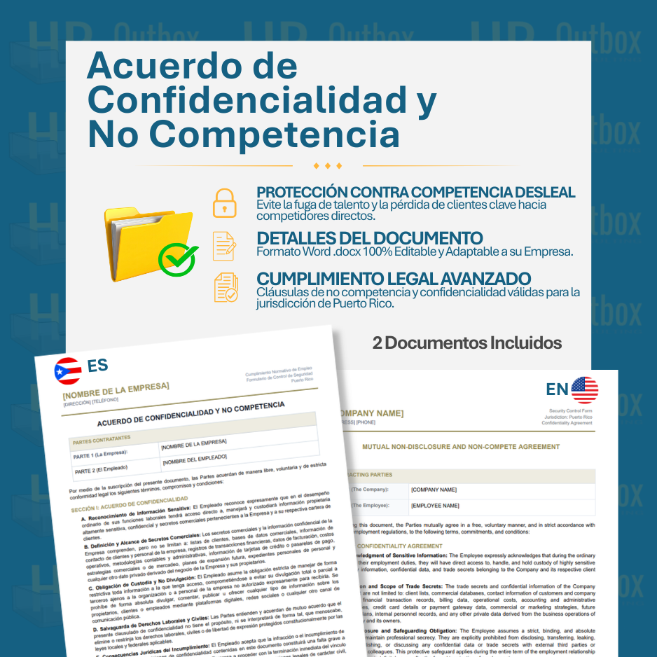 Plantilla: Acuerdo de Confidencialidad y No Competencia Laboral - Editable en Word (Español/Inglés)