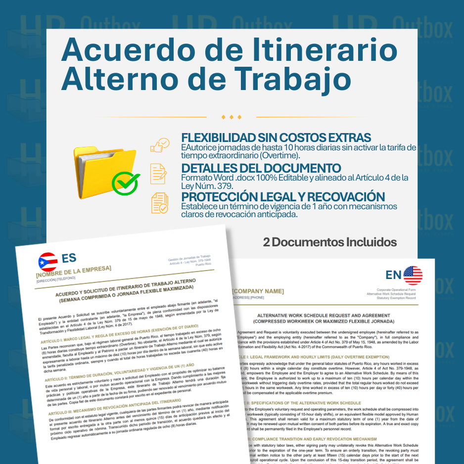 Plantilla: Acuerdo y Solicitud de Itinerario de Trabajo Alterno - Editable en Word (Español/Inglés)