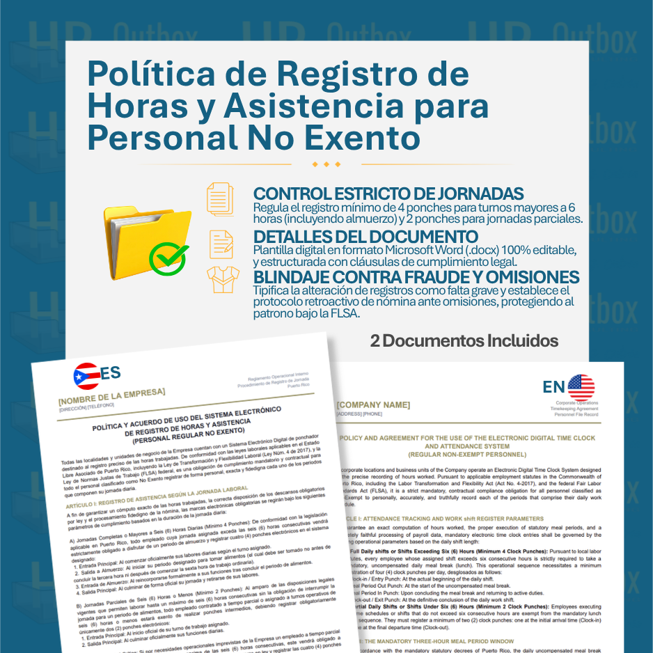 Plantilla: Política de Registro de Horas y Asistencia para Personal No Exento - Editable en Word (Español/Inglés)