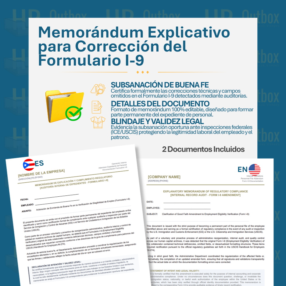 Plantilla: Memorándum Explicativo para Corrección del Formulario I-9 - Editable en Word (Español/Inglés)
