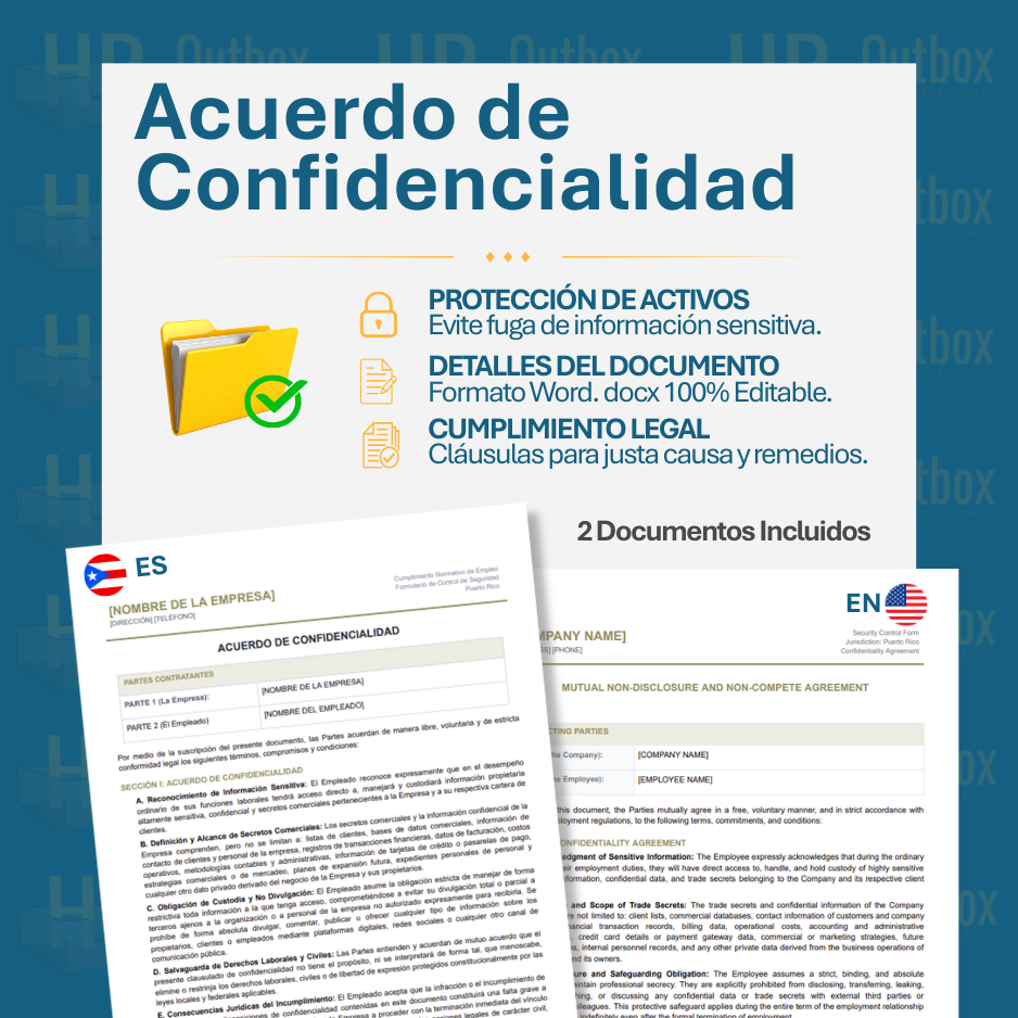 Plantilla: Acuerdo de Confidencialidad Laboral - Editable en Word (Español/Inglés)