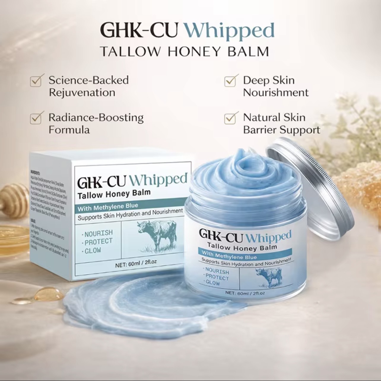 Topical Skincare- GHK-CU Whipped Beef Tallow Honey Balm