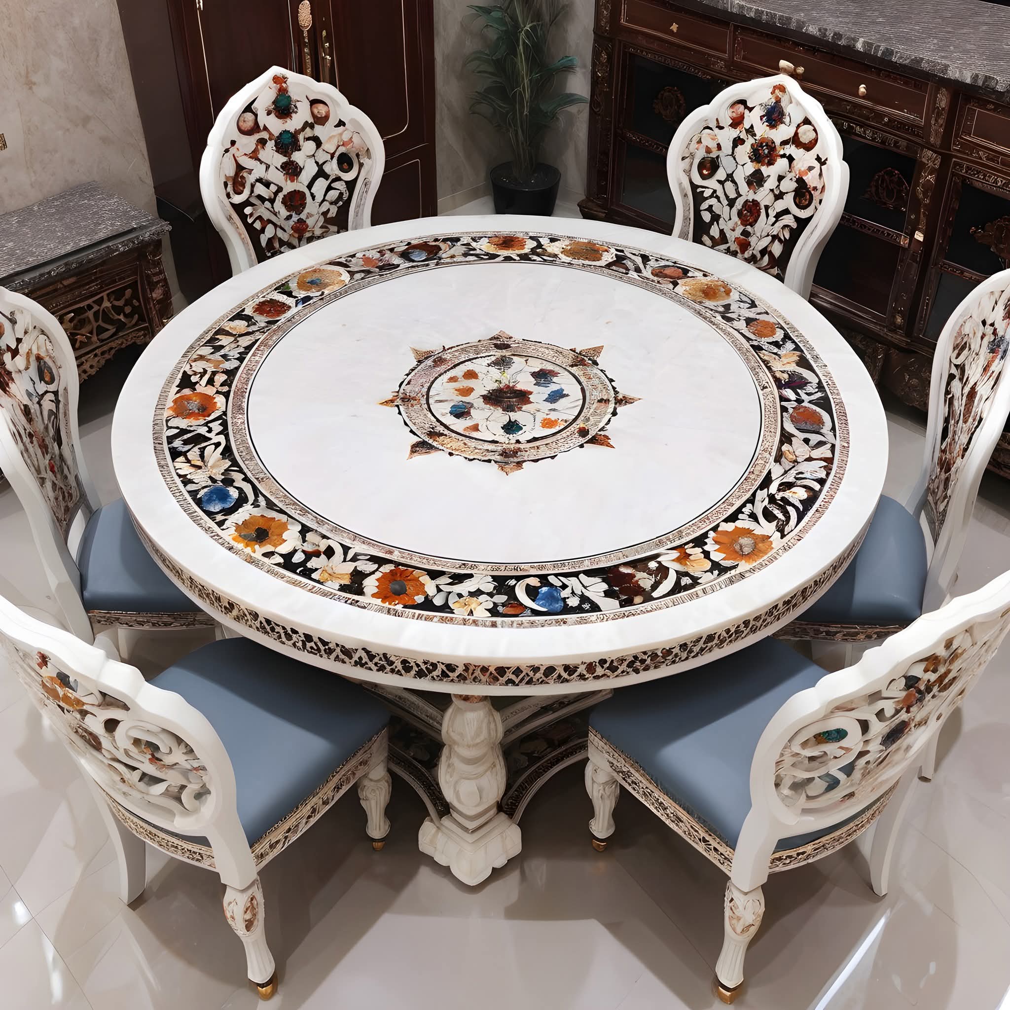 Marble Inlay Dining Table Set