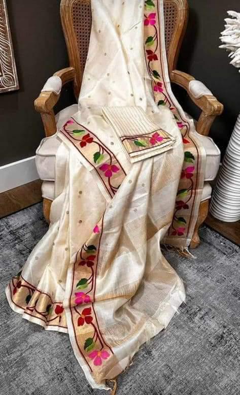 Elegant Cream Tussar Silk Saree