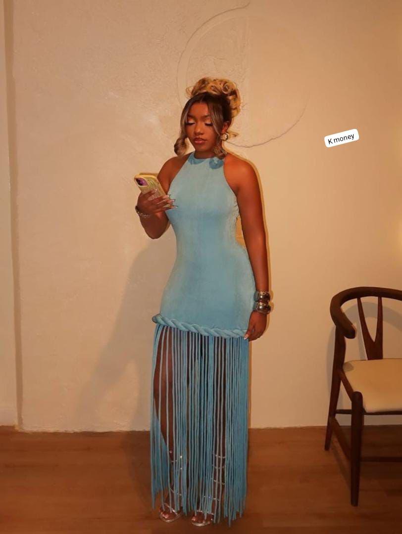 Blue Fringe Halter Dress