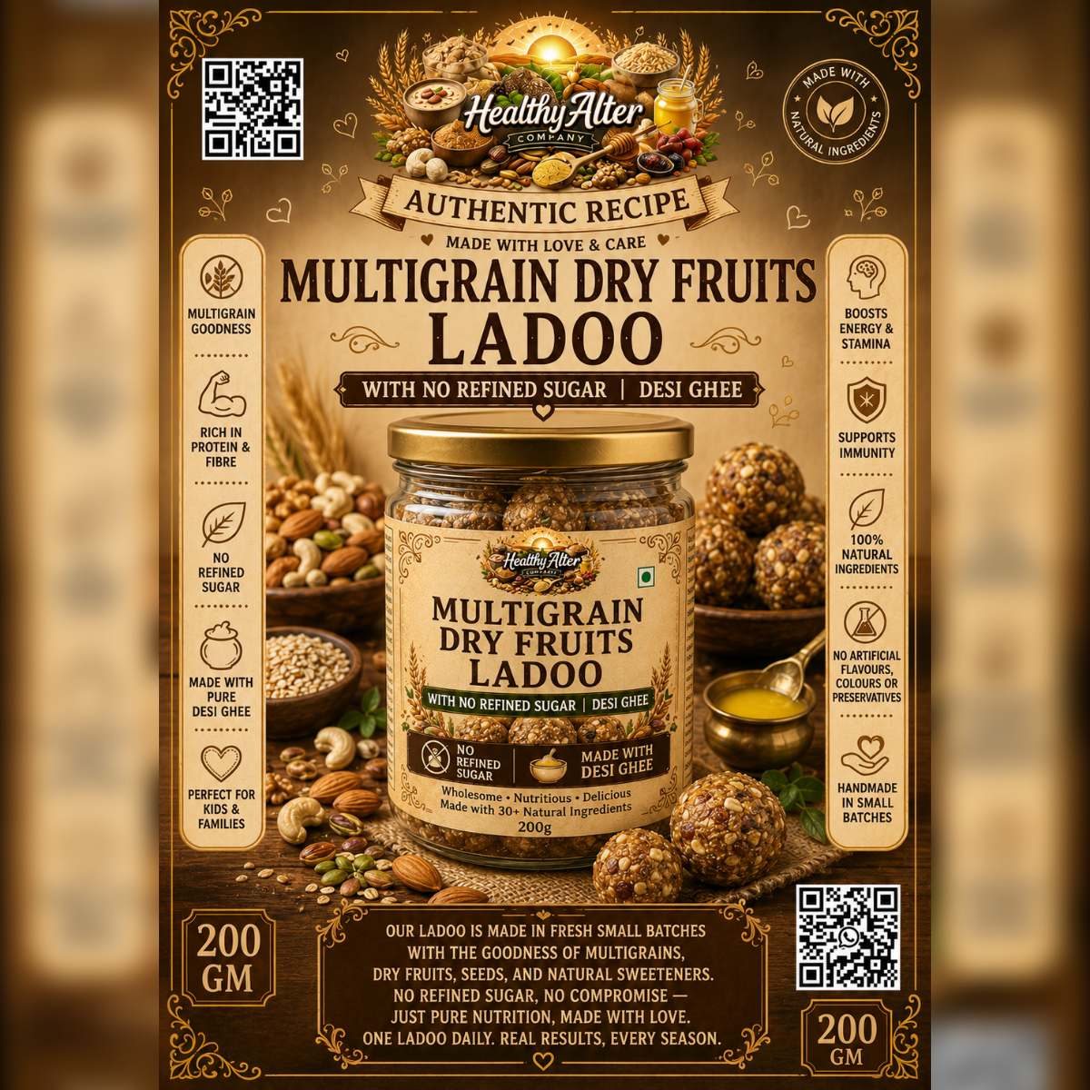 Multigrain Dry Fruits  Laddoos with NO refined sugar and  healthy seeds like Pumpkin seeds, Kharbooja Seeds Peanuts, Chia seeds, and more 900 GM