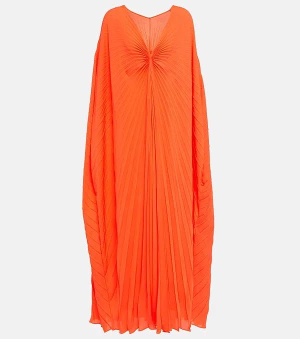 Pleated Orange Maxi Dress