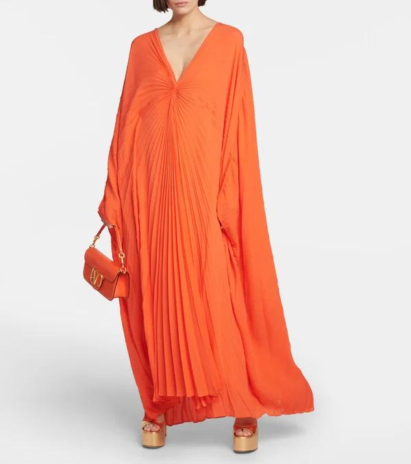 Pleated Orange Maxi Dress