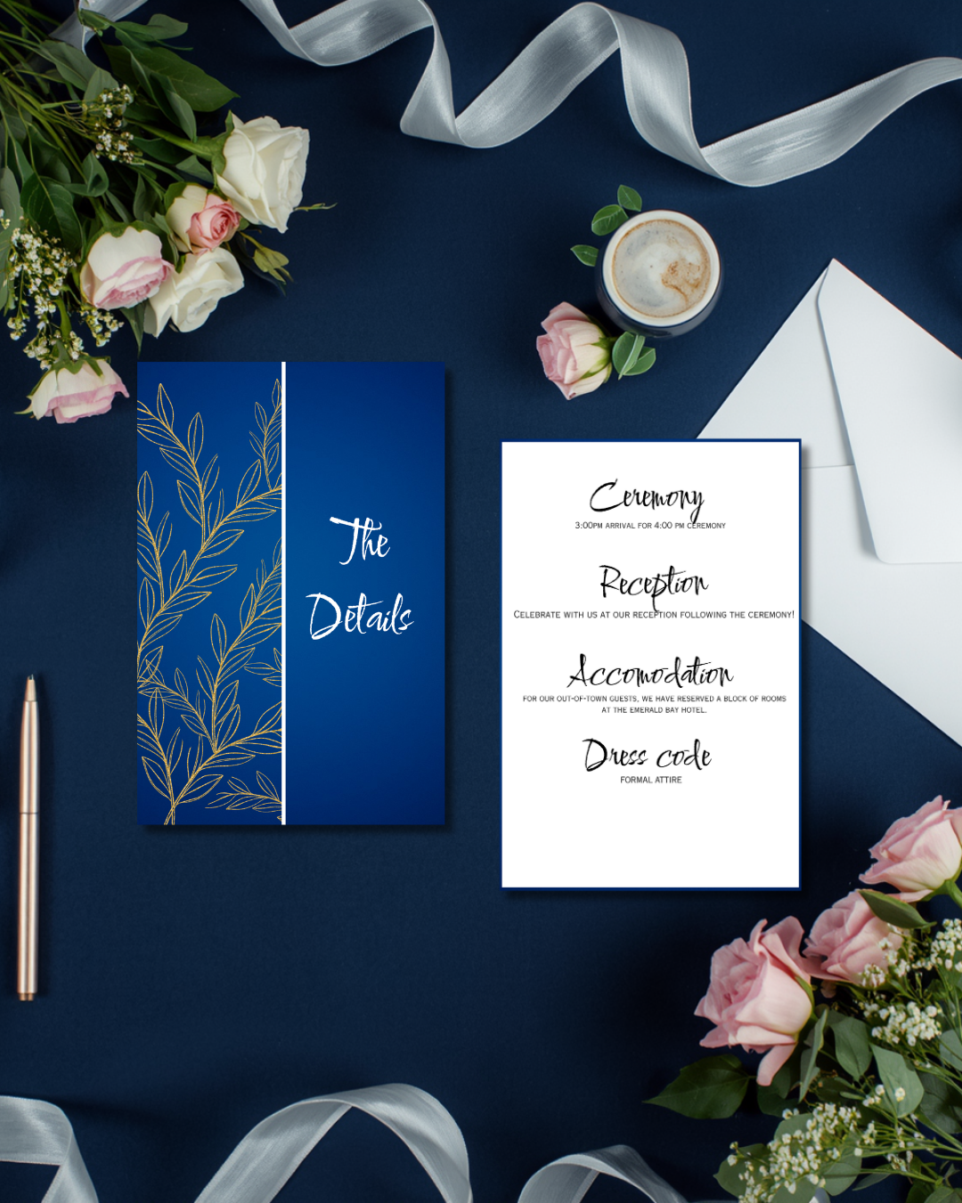 Classic Old Money Navy Blue Floral Wedding Invitation Suite