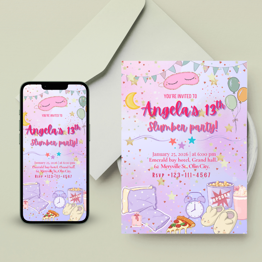 Editable Slumber Party 13th Birthday Invitation 