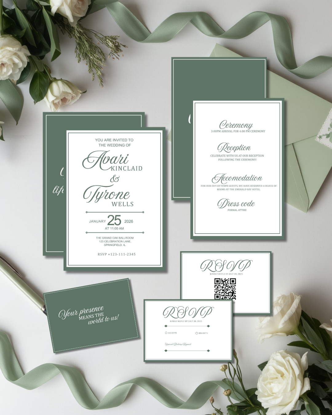 Old Money Sage Green Wedding Invitation Suite