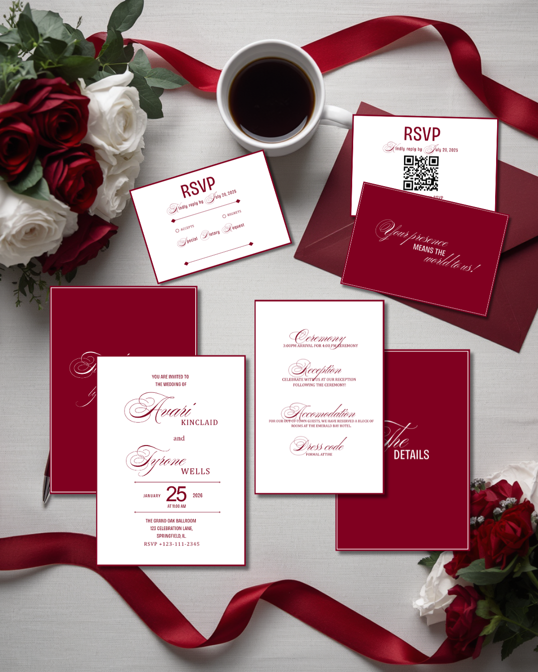 Old Money Burgundy Wedding Invitation Suite 