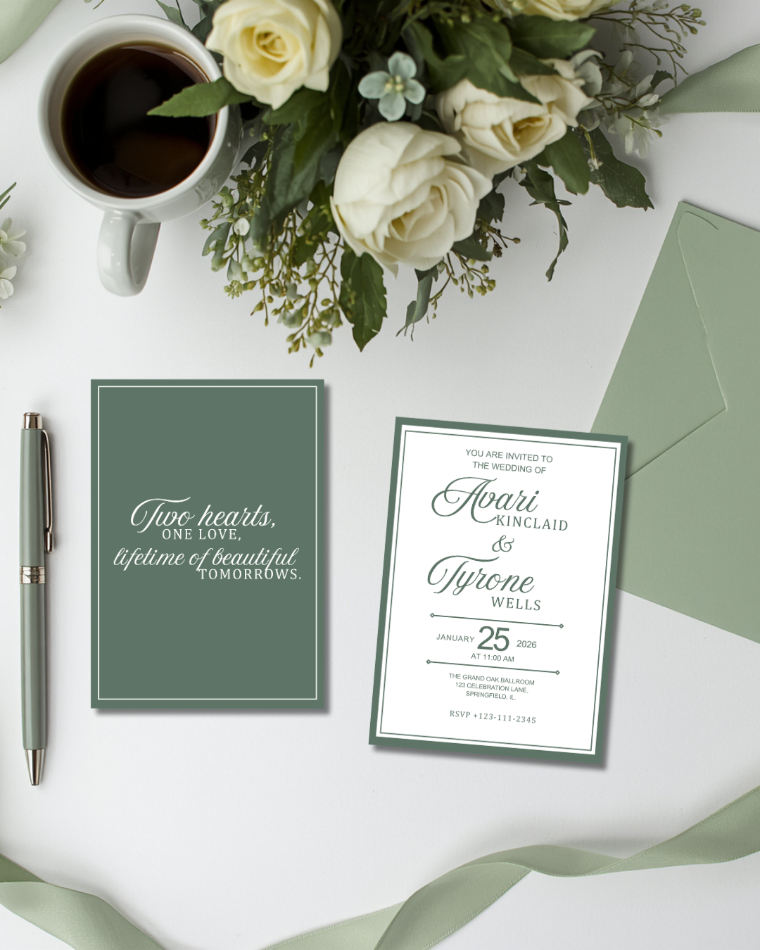 Old Money Sage Green Wedding Invitation Suite