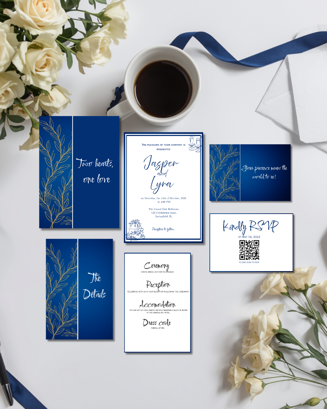 Classic Old Money Navy Blue Floral Wedding Invitation Suite