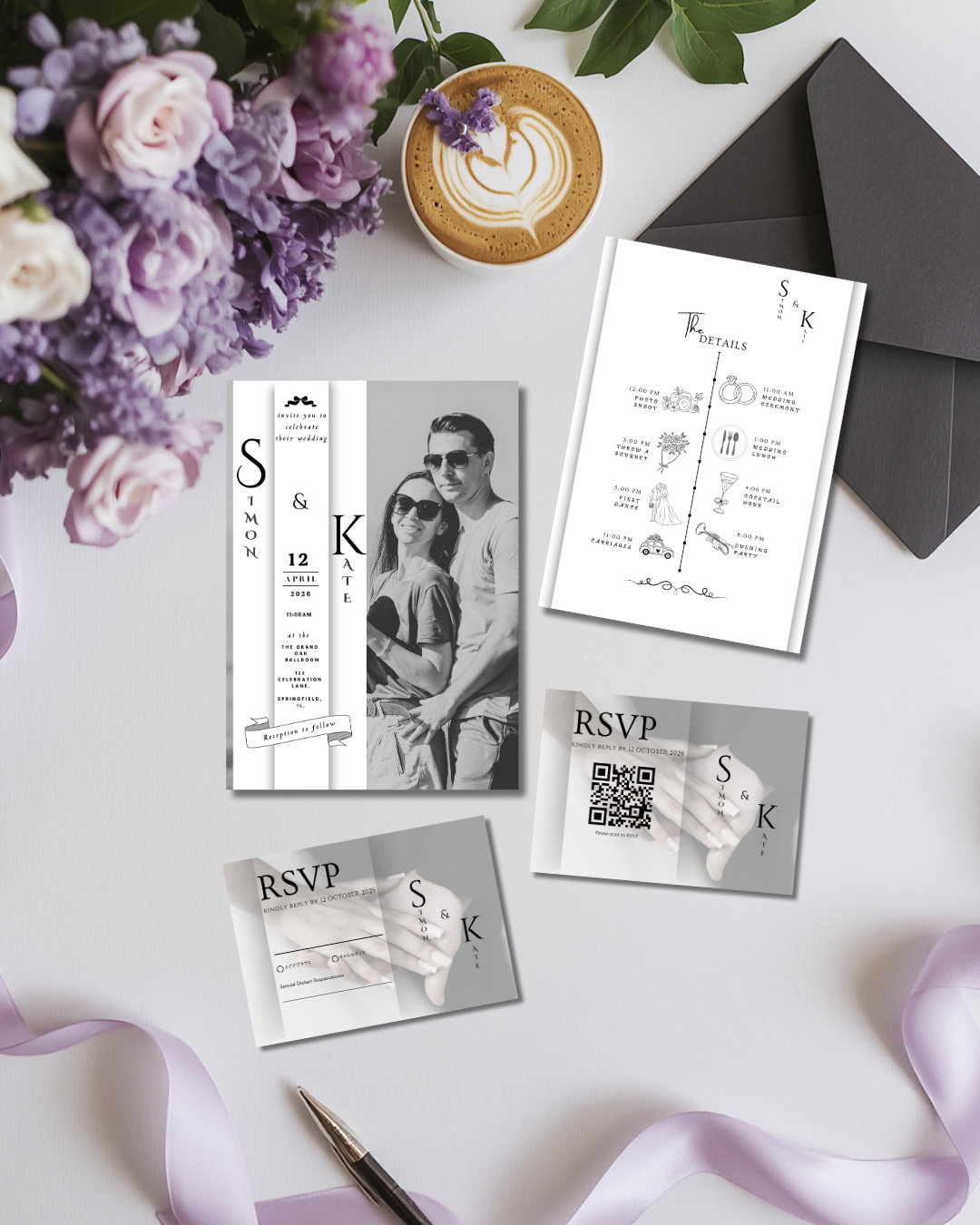 Classic Black and White Wedding Invitation Suite