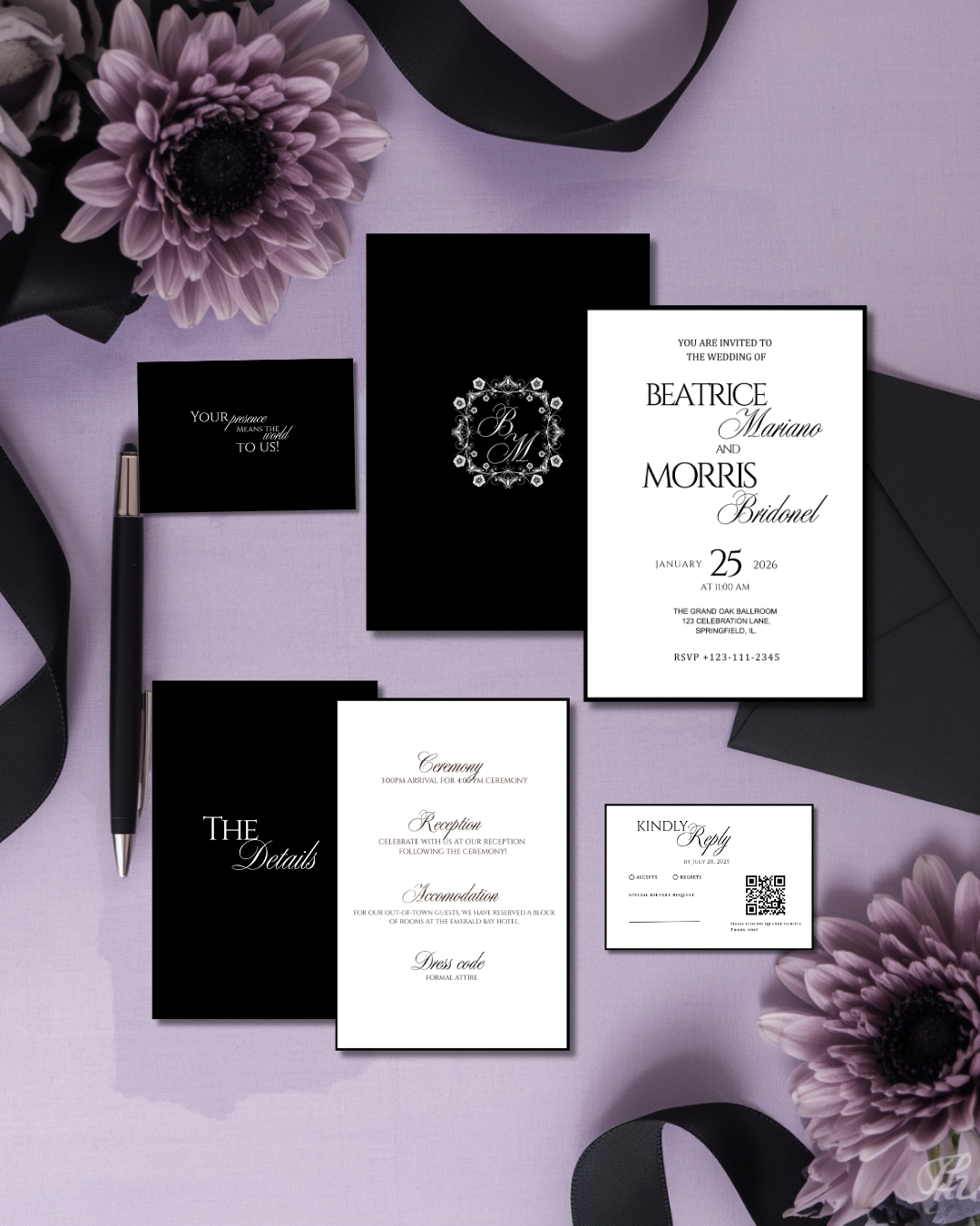 Old Money Black Wedding Invitation Suite 