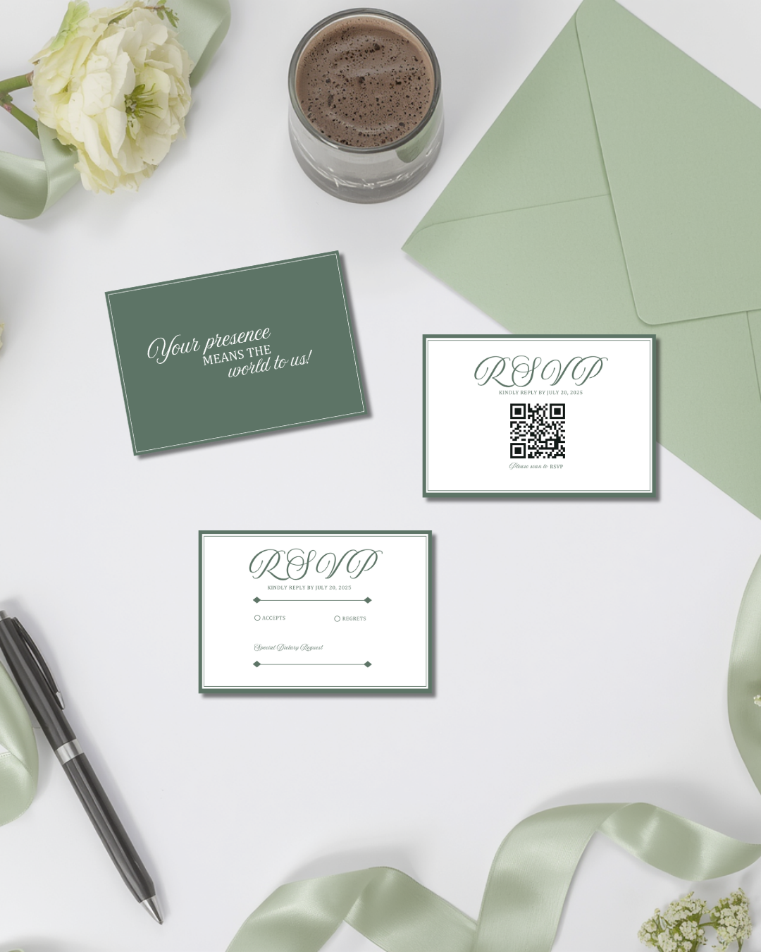 Old Money Sage Green Wedding Invitation Suite