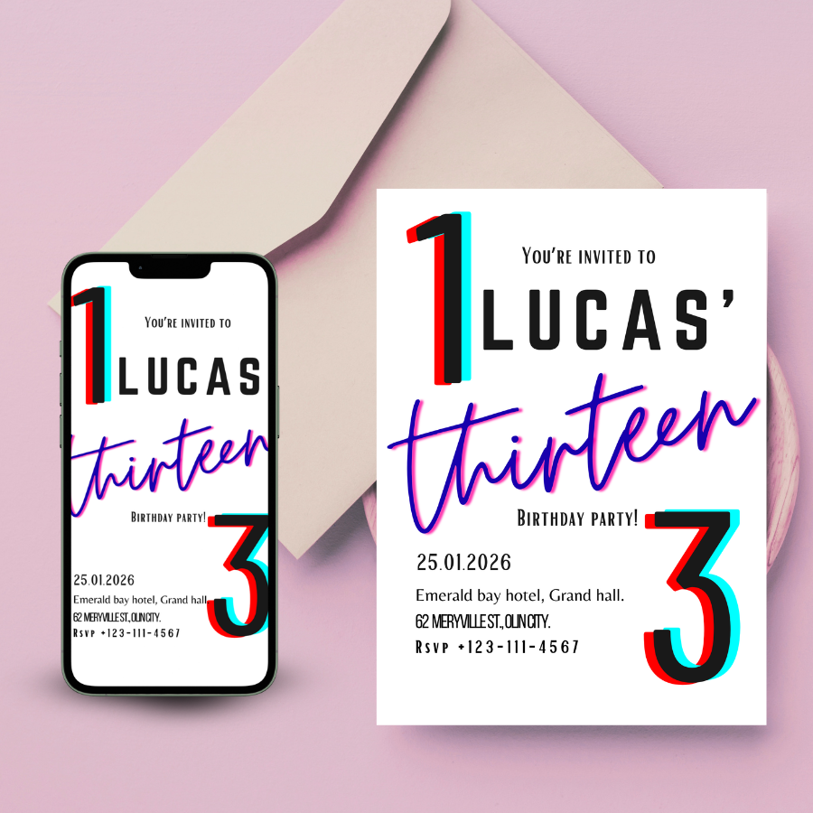Modern Minimalist 13th Birthday Digital Invitation