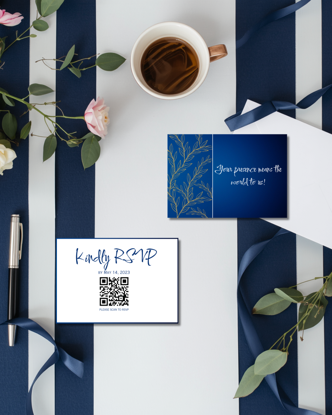 Classic Old Money Navy Blue Floral Wedding Invitation Suite
