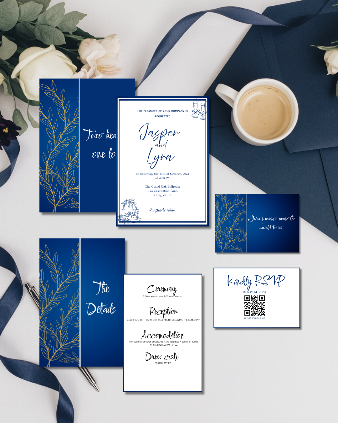 Classic Old Money Navy Blue Floral Wedding Invitation Suite