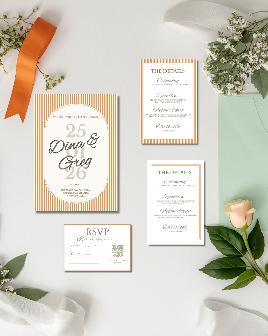 Orange Stripe Wedding Invitation Suite 