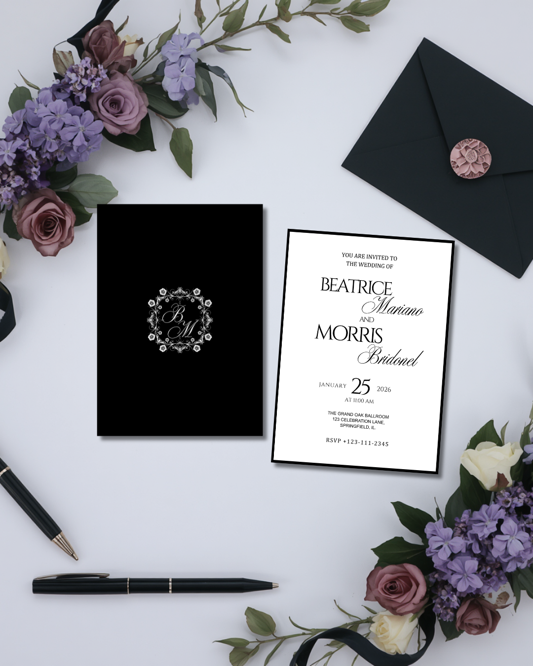 Old Money Black Wedding Invitation Suite 