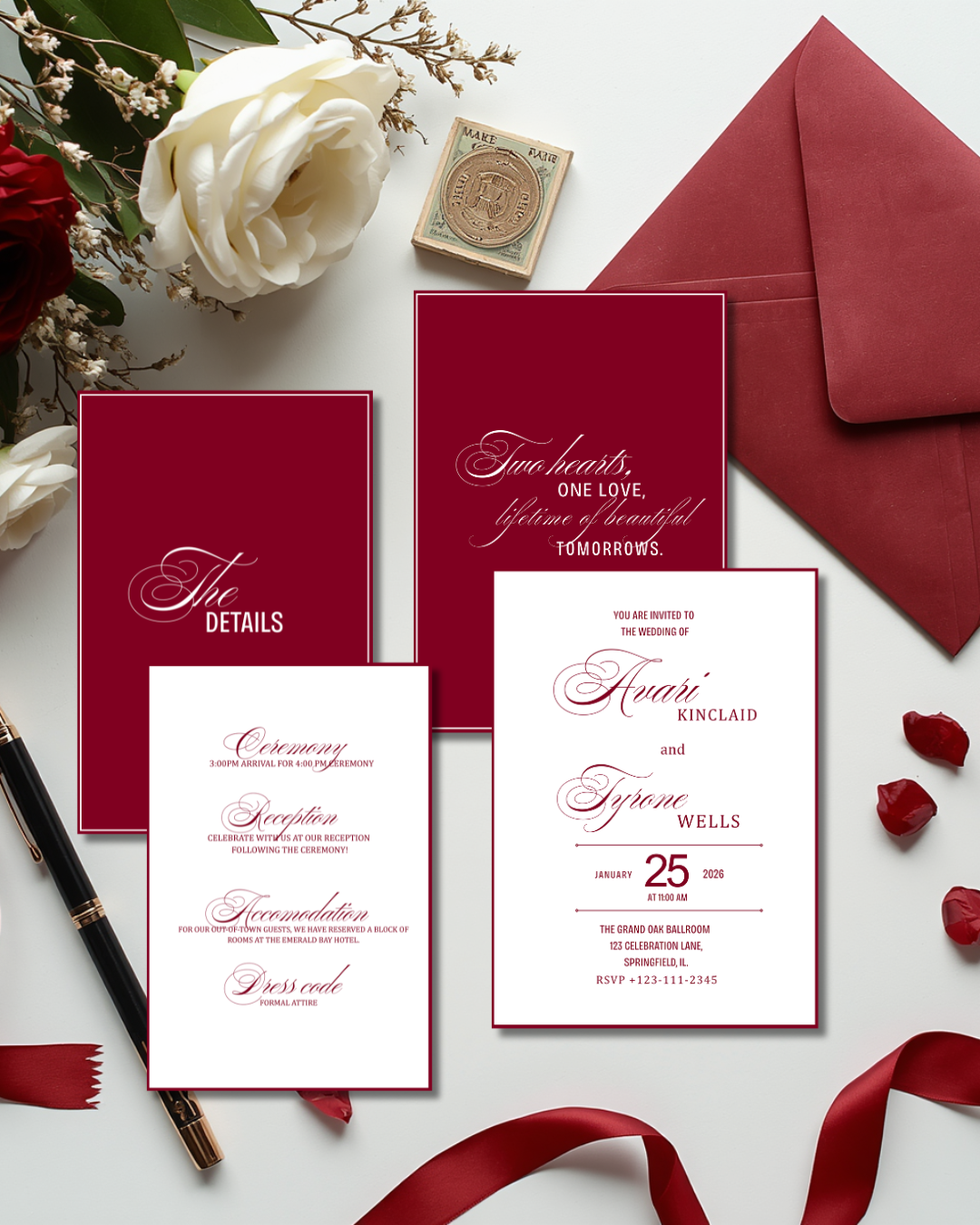 Old Money Burgundy Wedding Invitation Suite 