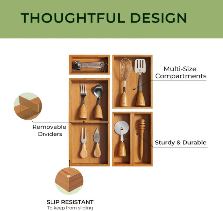keechee 5-Piece Bamboo Drawer Organizer Set, 2.2 Deep Multi-Use Organizers for Utensils, Silverware, Cutlery, Desk, Bathroom, Junk Drawer & Makeup, Non-Slip Feet Included.