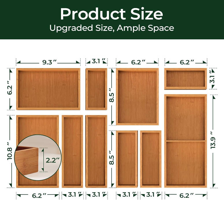 keechee 10-Piece Bamboo Drawer Organizer Set, 2.2" Deep Multi-Use Organizers for Utensils, Silverware, Cutlery, Desk, Bathroom, Junk Drawer & Makeup, Non-Slip Feet Included.