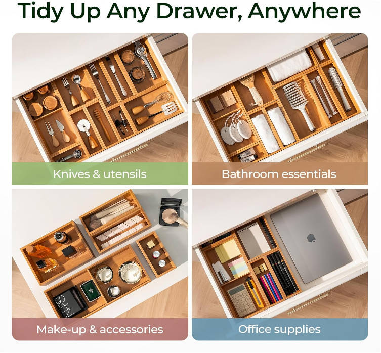 keechee 10-Piece Bamboo Drawer Organizer Set, 2.2" Deep Multi-Use Organizers for Utensils, Silverware, Cutlery, Desk, Bathroom, Junk Drawer & Makeup, Non-Slip Feet Included.