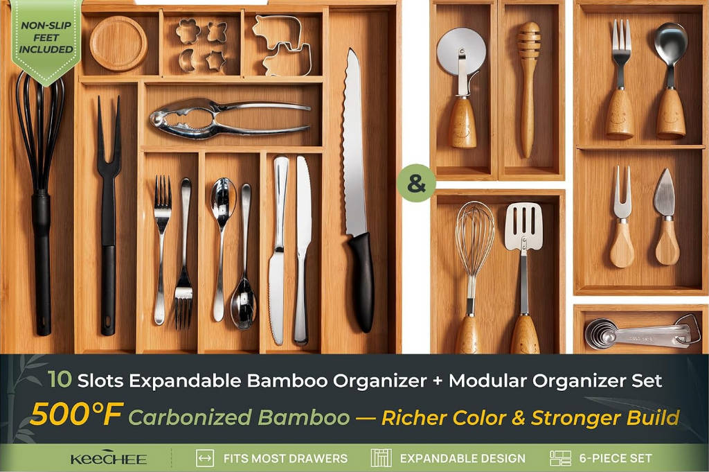 keechee 6-Piece Bamboo Drawer Organizer Set, 2.2" Deep Multi-Use Organizers for Utensils, Silverware, Cutlery, Desk, Bathroom, Junk Drawer & Makeup, Non-Slip Feet Included.