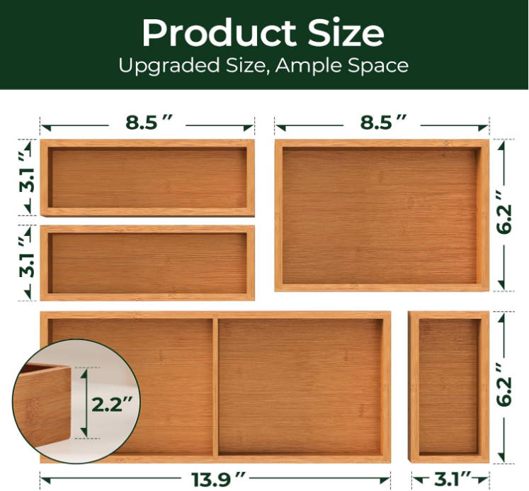 keechee 5-Piece Bamboo Drawer Organizer Set, 2.2 Deep Multi-Use Organizers for Utensils, Silverware, Cutlery, Desk, Bathroom, Junk Drawer & Makeup, Non-Slip Feet Included.