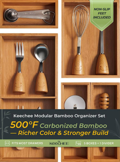 keechee 5-Piece Bamboo Drawer Organizer Set, 2.2 Deep Multi-Use Organizers for Utensils, Silverware, Cutlery, Desk, Bathroom, Junk Drawer & Makeup, Non-Slip Feet Included.