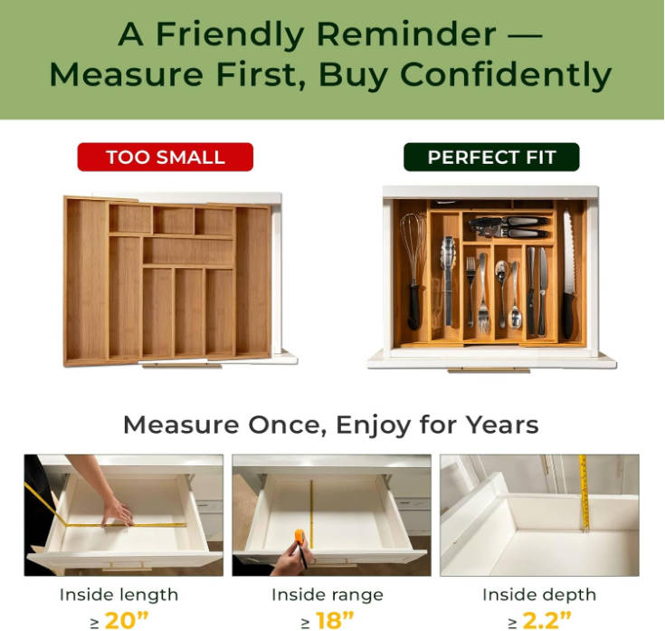 keechee 6-Piece Bamboo Drawer Organizer Set, 2.2" Deep Multi-Use Organizers for Utensils, Silverware, Cutlery, Desk, Bathroom, Junk Drawer & Makeup, Non-Slip Feet Included.