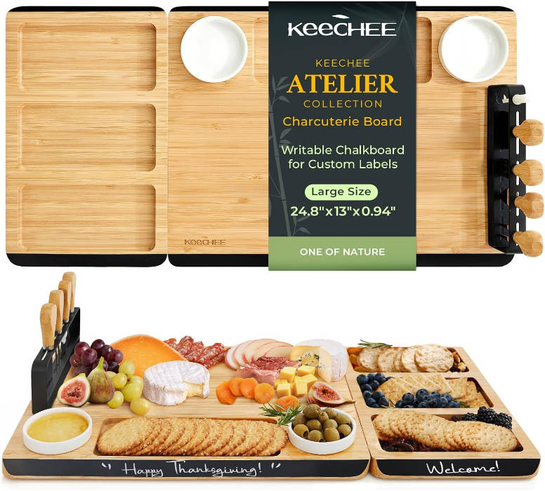 keechee Charcuterie Boards Set, Large Bamboo Cheese Board Set with Chalkboard Edge & Forks Set - Ideal for Housewarming Gift, Weddings, Bridal Showers, and Unique Gifts for Womem