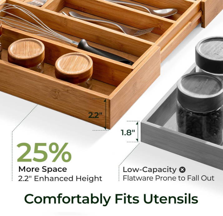 keechee 6-Piece Bamboo Drawer Organizer Set, 2.2" Deep Multi-Use Organizers for Utensils, Silverware, Cutlery, Desk, Bathroom, Junk Drawer & Makeup, Non-Slip Feet Included.